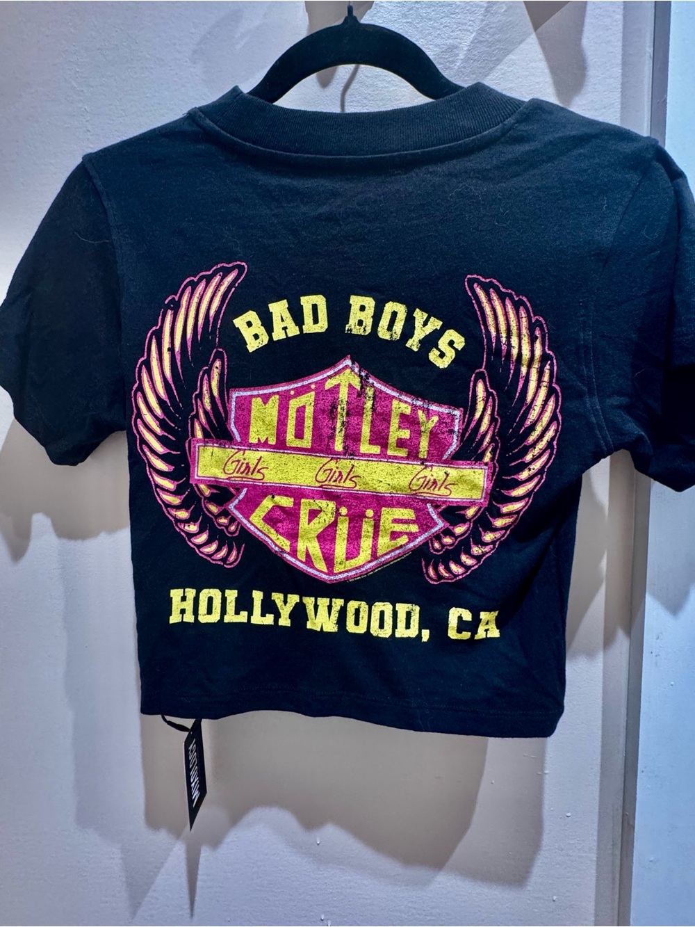Chaser Black Cropped Tee with Pink and Yellow Motley Crue Graphic